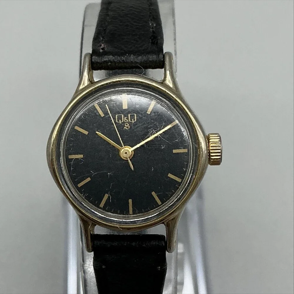 Vintage Q&Q Womens Watch 22mm Black Dial Gold Tone Manual Wind Leather Strap